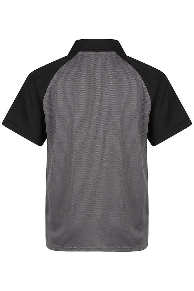 A grey and black polo shirt with a mesh design and brand logo on the collar.