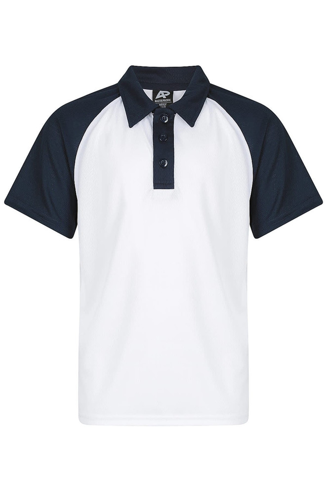 A white polo shirt with navy blue sleeves and a buttoned collar, featuring a branding logo.