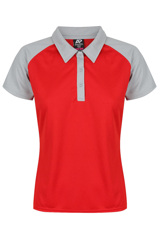 A red polo shirt with grey sleeves and a collar, featuring a logo on the upper left.