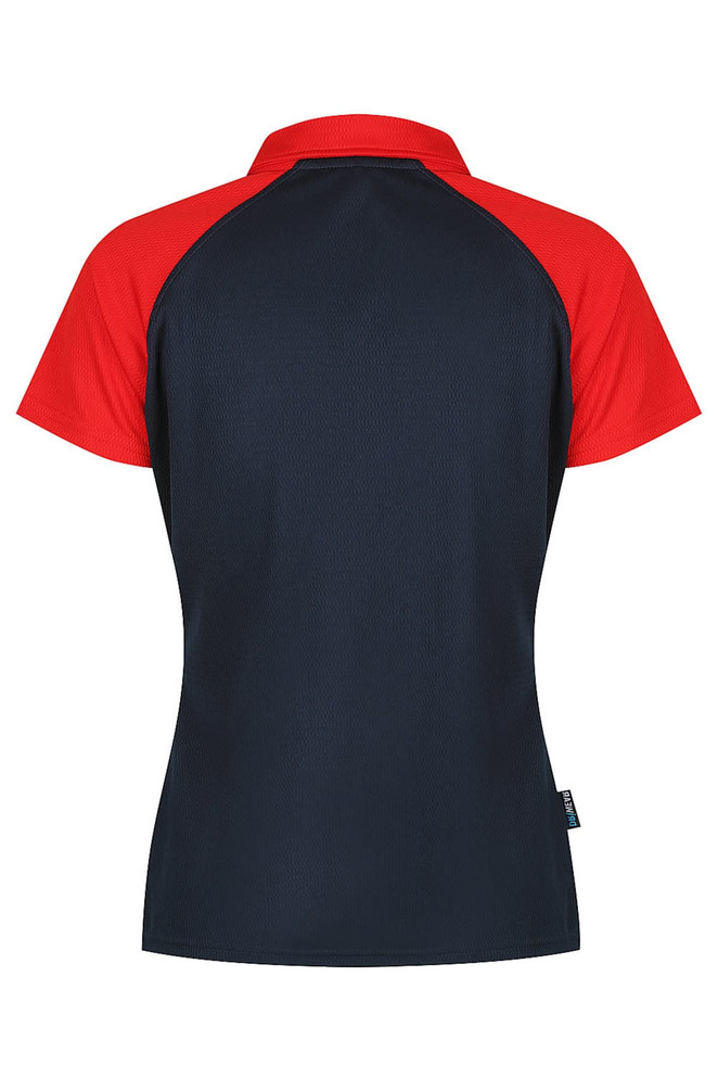 A polo shirt featuring a navy main body with red sleeves, complete with a collar and a branding logo on the side.