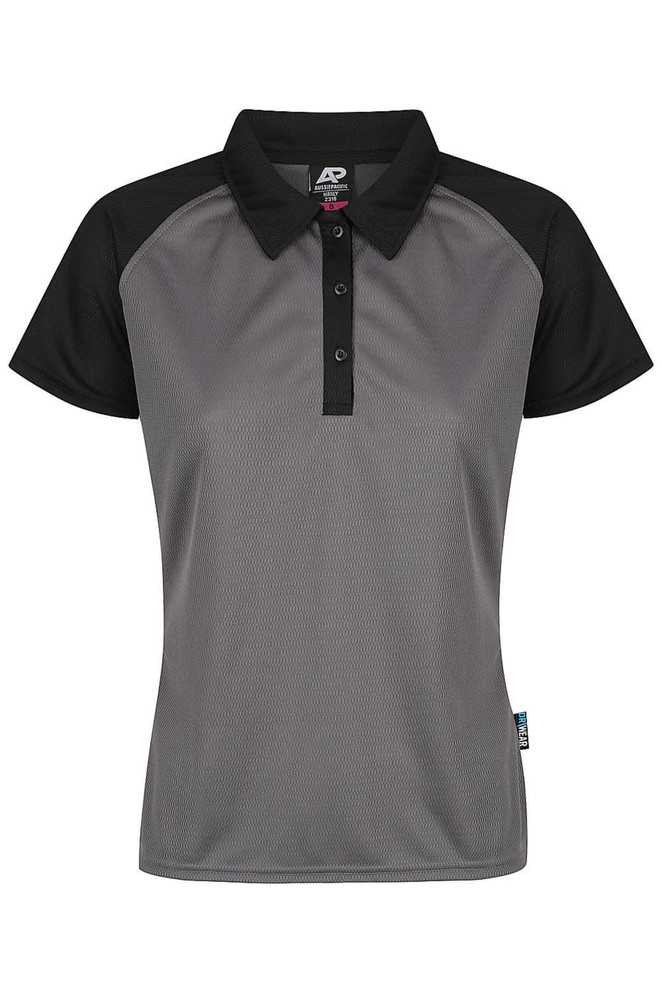 A black and grey polo shirt featuring a collar and button placket, suitable for casual wear. It includes a branding logo.