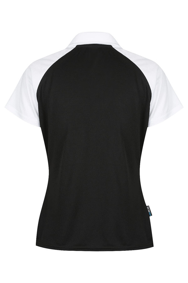 A black and white polo shirt with a sporty design and a logo on the back. The shirt features short sleeves and a collar.
