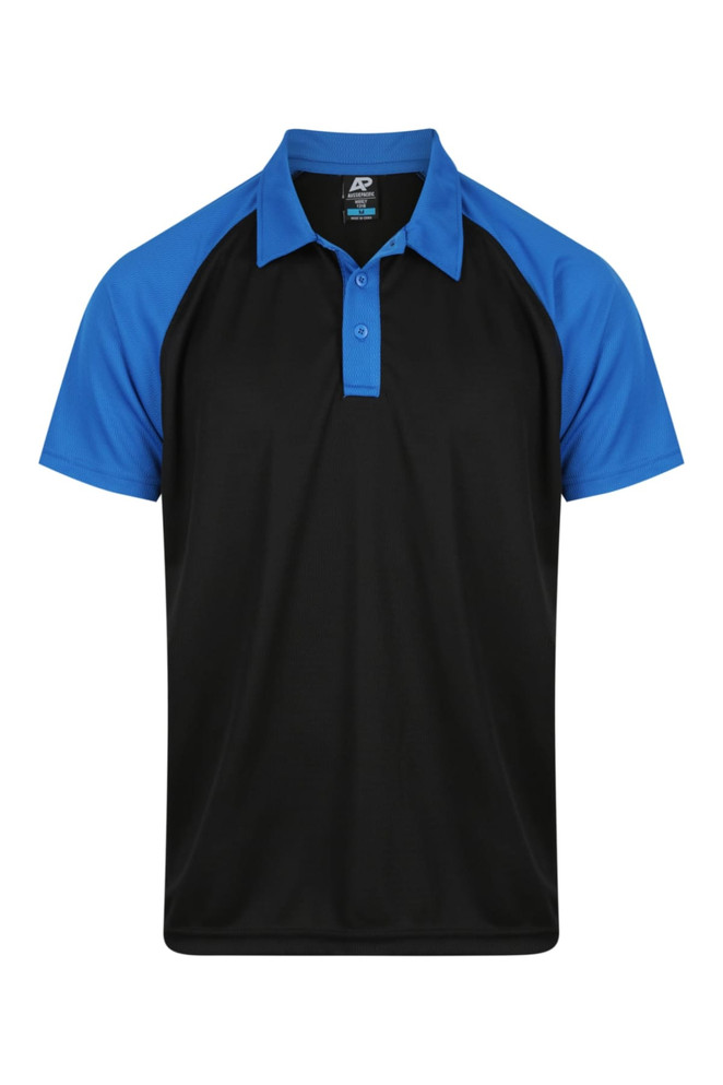 A black and blue polo shirt with short sleeves and a collar, featuring a logo on the left side.