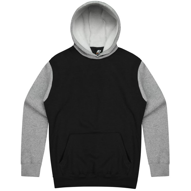 A black and grey hoodie featuring a front pocket and a double-layered hood with an internal light grey lining.