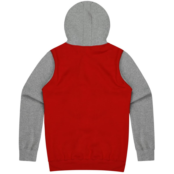 A red and grey hoodie featuring a hood and long sleeves, with a logo on the back.