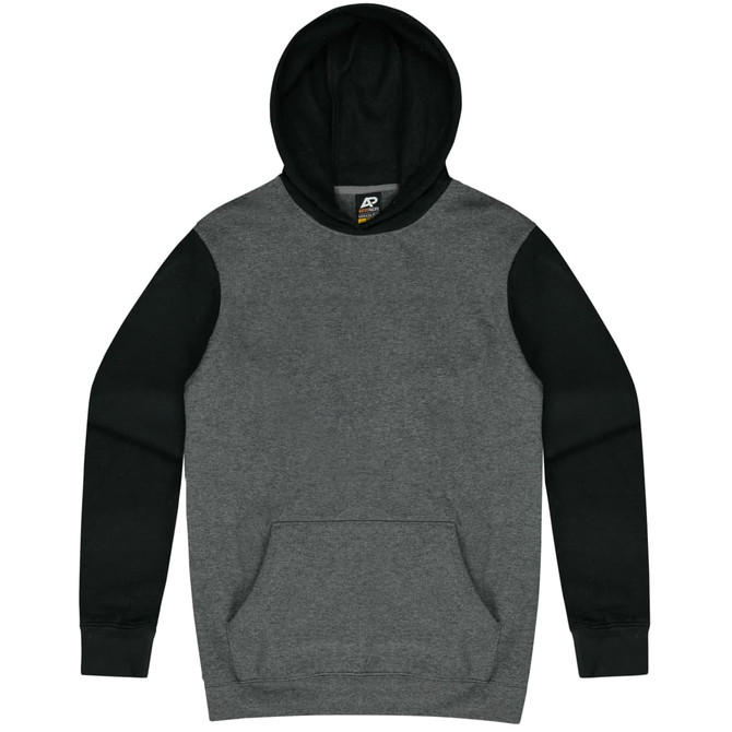 A grey and black hoodie featuring a front pocket and a hood, with a branding logo on the inside.