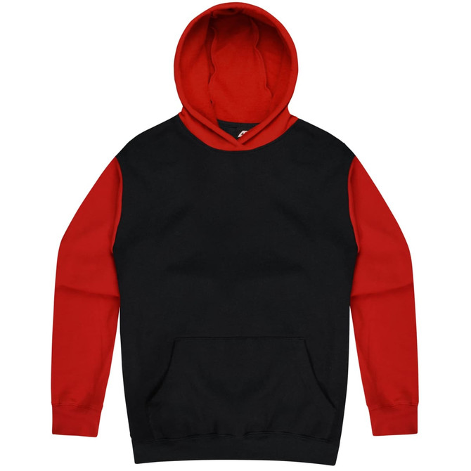 A black hoodie with red sleeves and a red hood, featuring a front pocket and a logo on the upper chest.