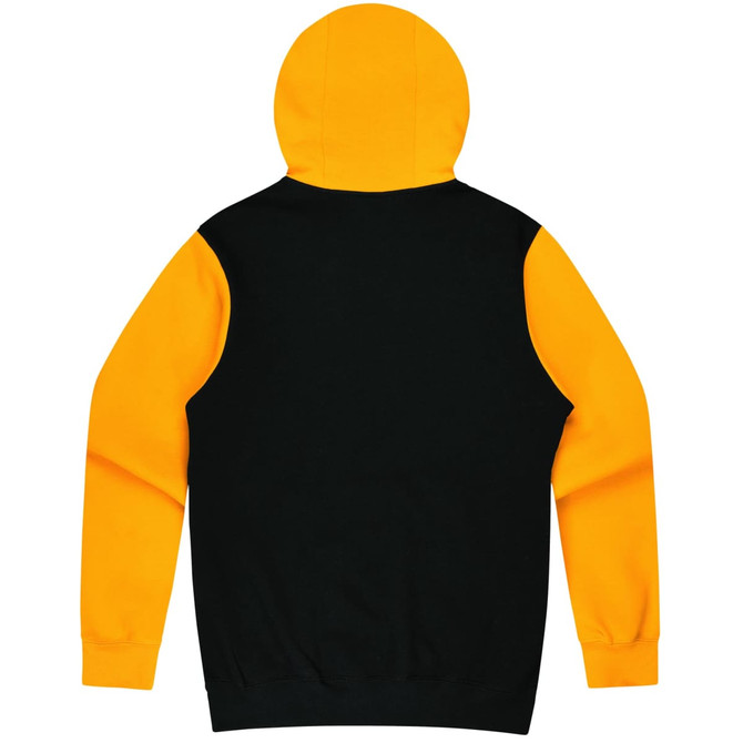 A black hoodie with bright yellow sleeves and hood, featuring a logo on the back.