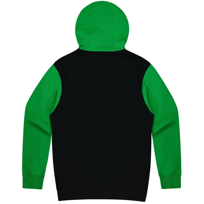 A hoodie featuring a black body with green sleeves and hood, also includes a logo on the design.