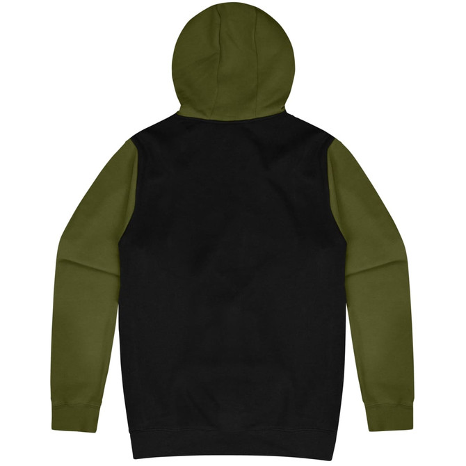 A hoodie featuring a black body and green sleeves, with a hood and a branded logo.