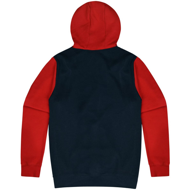 A black and red hoodie featuring a contrasting colour design and a hood. It has long sleeves and a cosy fit.