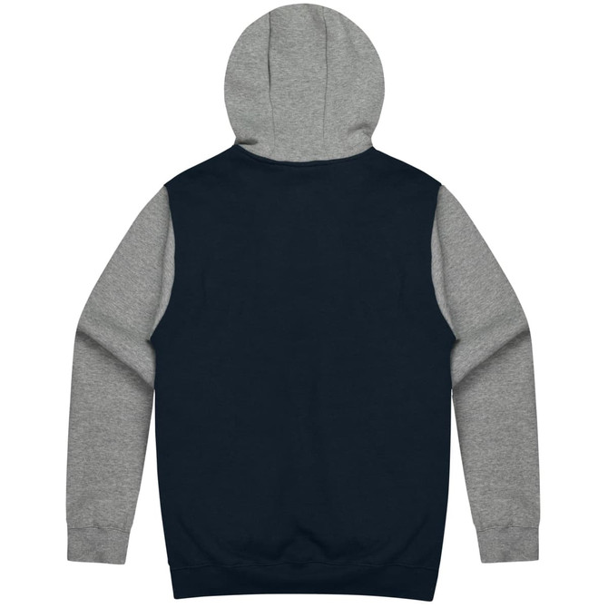 A hooded jumper featuring a navy body and grey sleeves, designed for kids, with a logo on it.