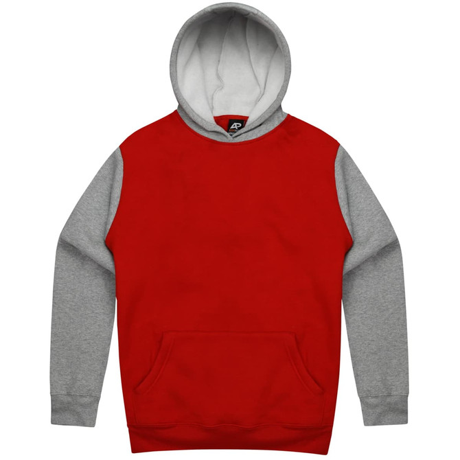 A red hoodie with grey sleeves and a front pocket. The hoodie features a hood and has a logo.
