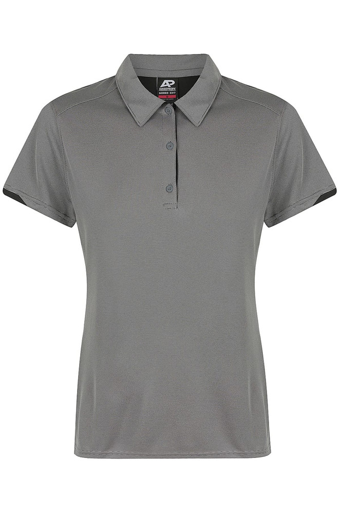 A grey women's polo shirt with a collar, button placket, and contrasting black details. It features a logo.