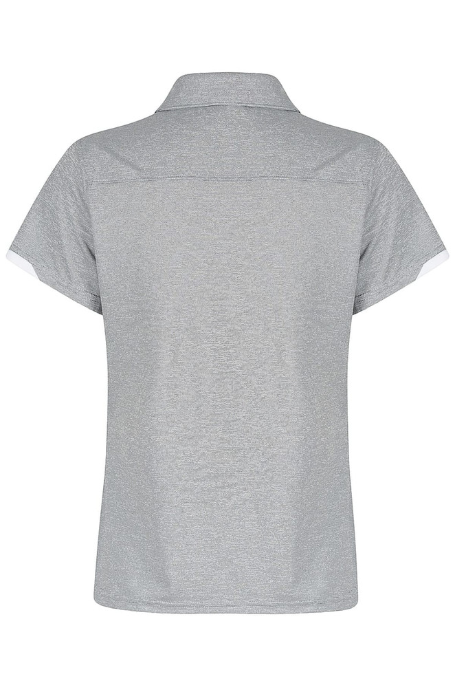 A grey polo shirt featuring a classic collar and a logo. The design includes short sleeves with contrasting details.