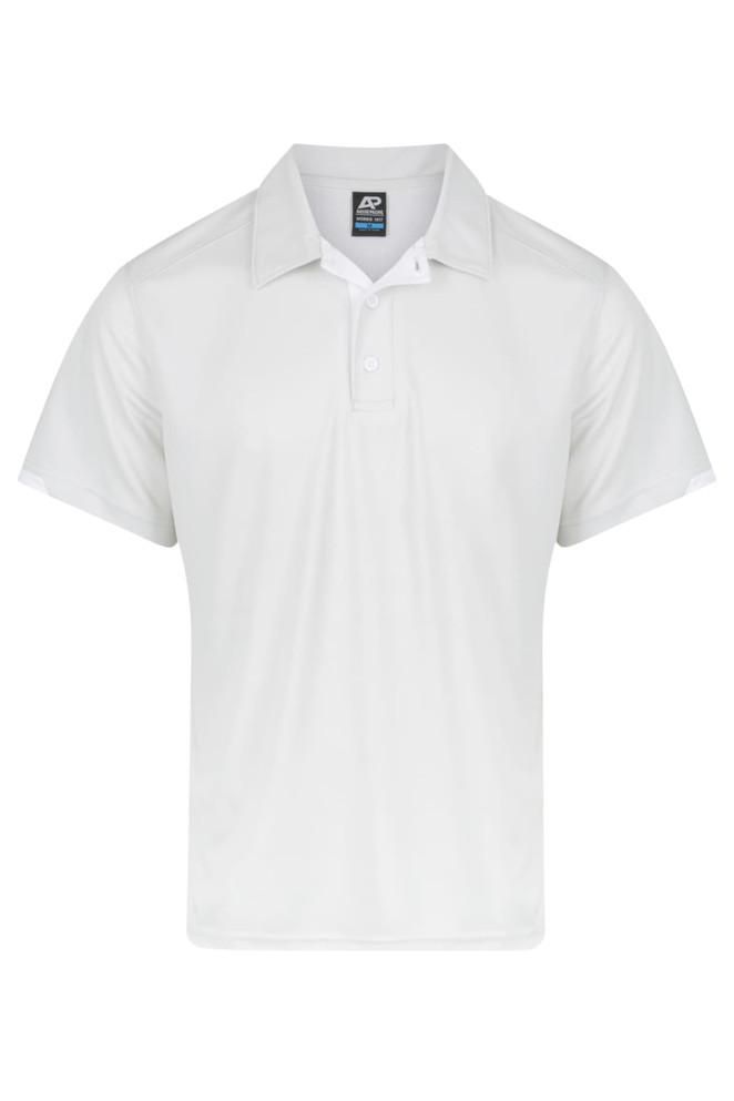 A white polo shirt with a collar and short sleeves, featuring a logo.