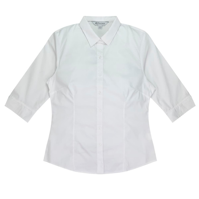 A white button-up shirt with 3/4 sleeves and a fitted design, featuring a collar and a logo.