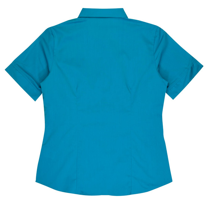 A short-sleeve button-up shirt in a teal colour, featuring a back view and a simple design with a logo.
