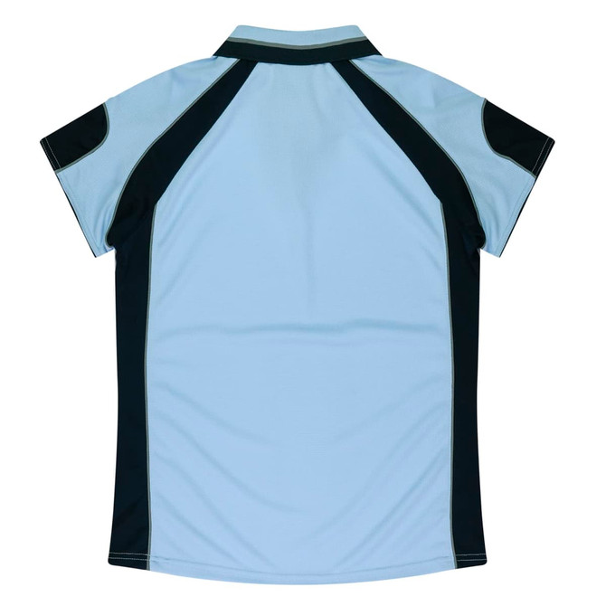 A light blue polo shirt with dark blue accents and a logo on the back.