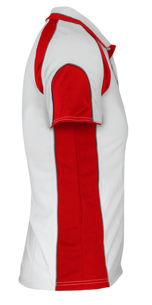 A white polo shirt with red sleeves and side panel, featuring a logo on the chest.