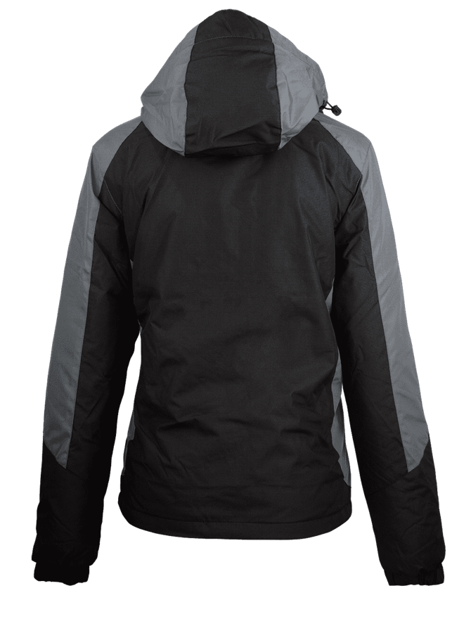 A black and grey jacket with a hood and a logo on the back. Suitable for various outdoor activities.