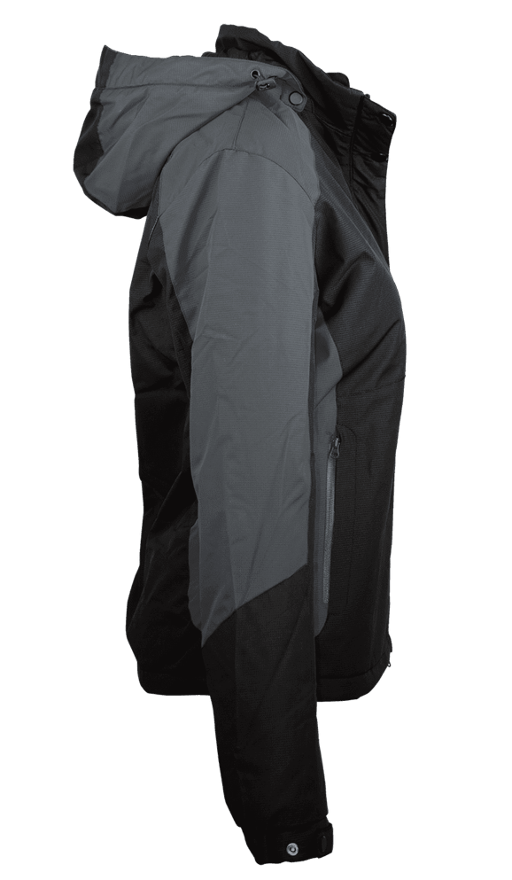 A black and grey jacket with a hood and zippered pockets, featuring a logo.