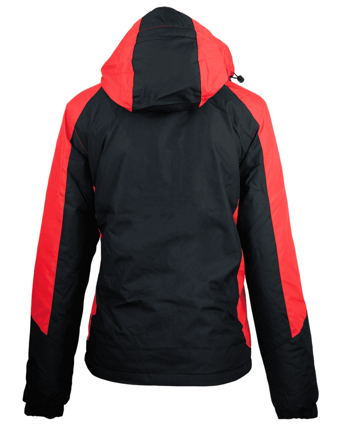 A black and red jacket featuring a hood and contrasting panel design, with a logo on the back.
