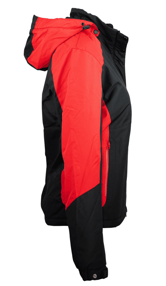 A black jacket with red accents, featuring a hood and zippered pockets, presented from the side.