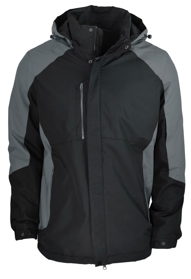 A black and grey jacket featuring a hood and zippered pockets, with branding on the chest.