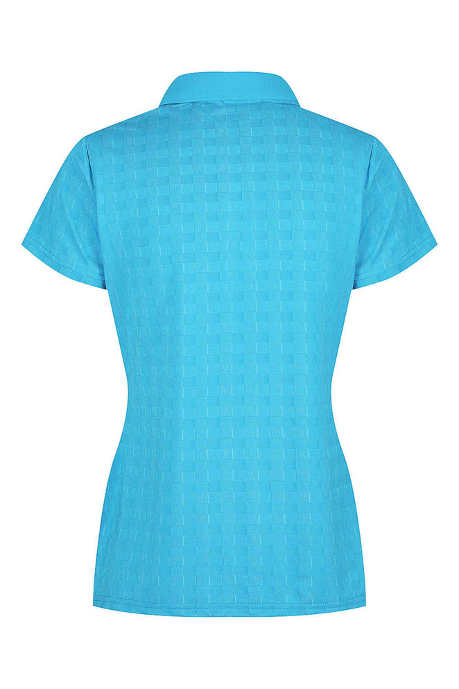 A blue polo shirt with a textured pattern and a collar, featuring a logo on the design.