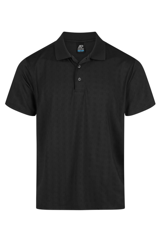 A black polo shirt featuring a classic collar and three buttons, with a subtle textured pattern.