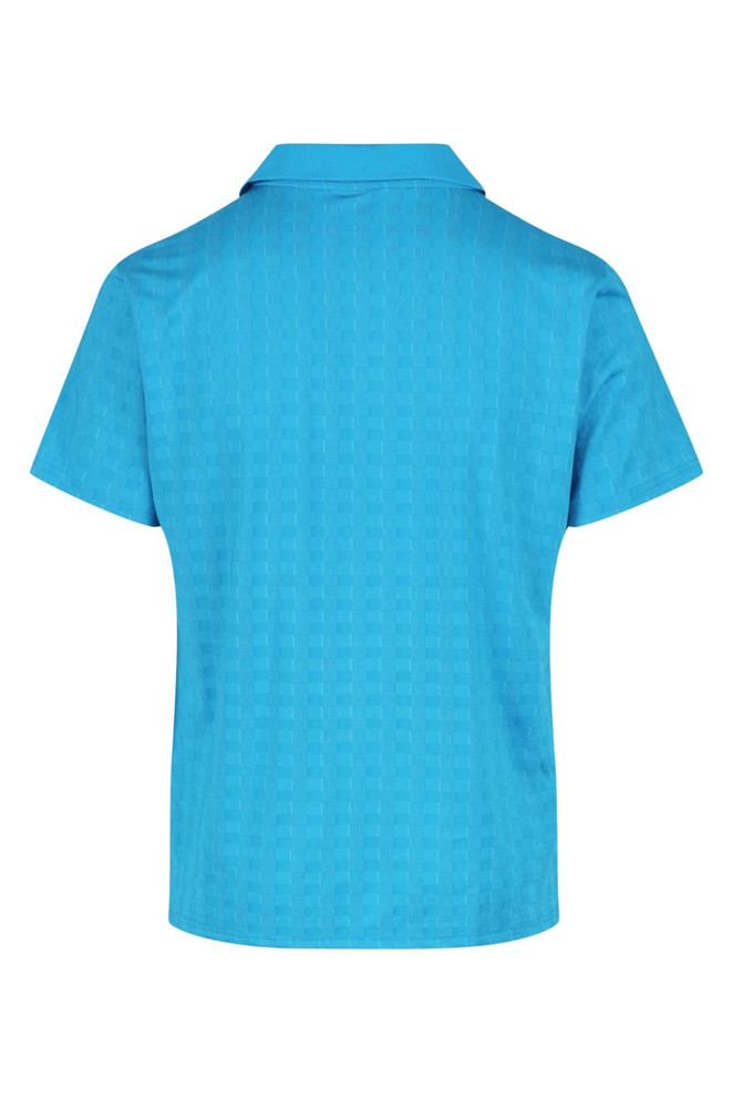 A blue polo shirt featuring a textured pattern and a collar, with a logo on the side.