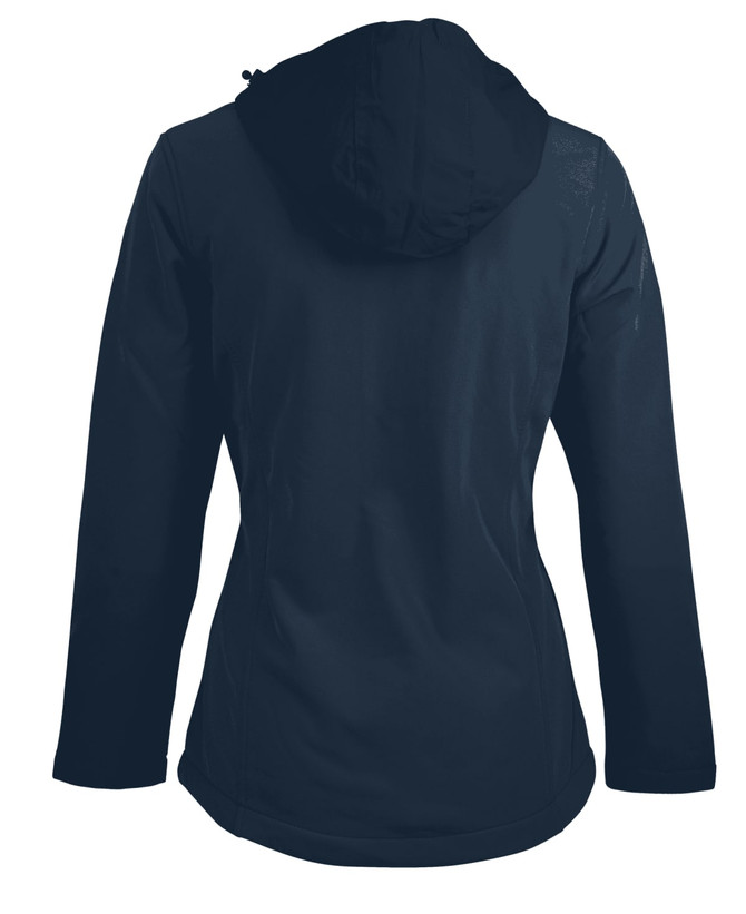A soft shell jacket in navy blue, featuring a hood and a sleek, fitted design.