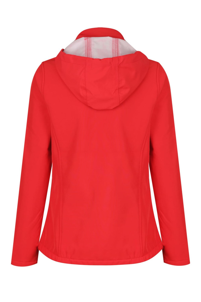 A red soft shell jacket with a hood, featuring a plain back and minimalist design. It has a logo displayed.