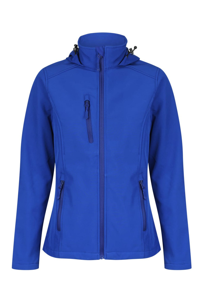 A blue soft shell jacket featuring a hood, zippered pockets, and a fitted design. It includes branding on the fabric.