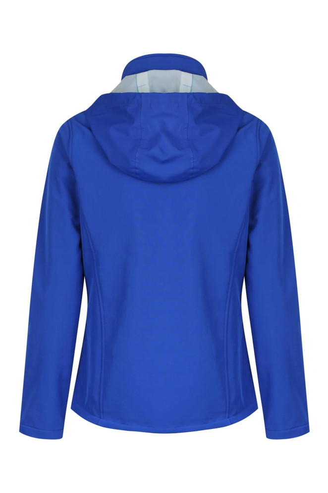A blue soft shell jacket with a hood, featuring a fitted design and a logo on the back.