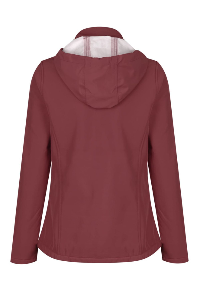A soft shell jacket in a deep burgundy colour with a hood and a white lining. It features a logo on the back.