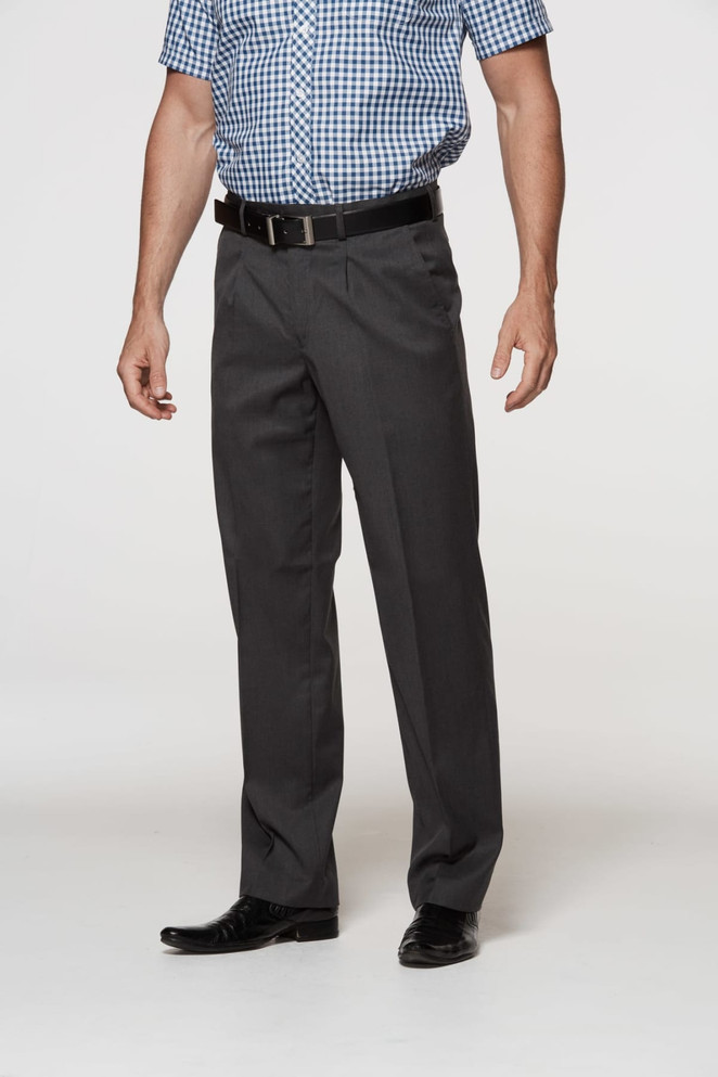 Men's pleated slacks in dark grey, featuring a sleek design and paired with a checkered shirt and belt.