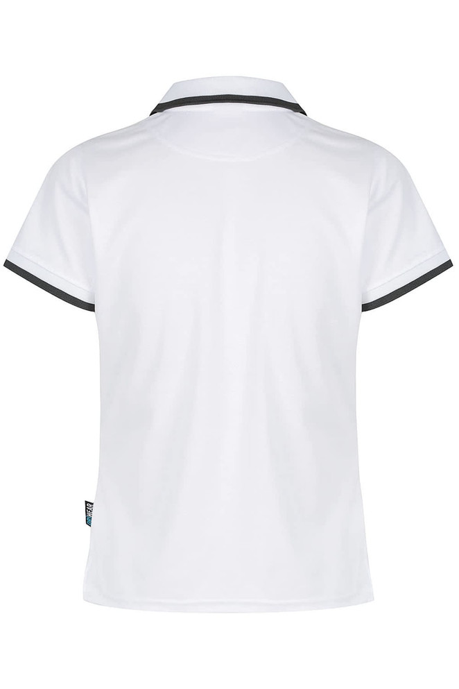 A white polo shirt with black trim and a logo. The shirt features a classic collar and short sleeves.