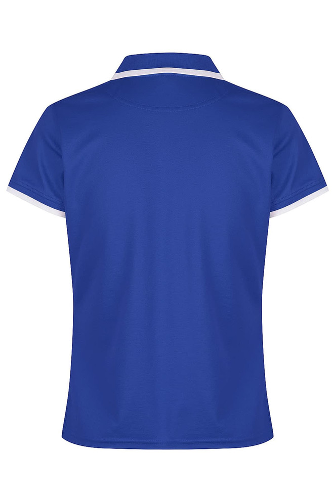 A blue polo shirt with a white collar and trim, featuring a logo on the back.