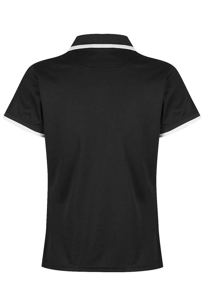 A black polo shirt with contrasting white accents and a collar, featuring a logo on the back.
