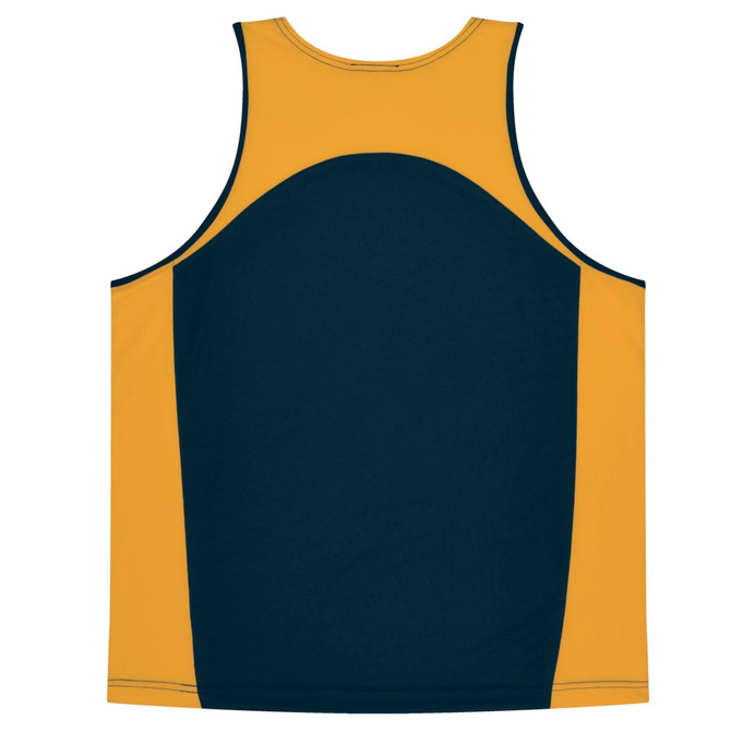 A singlet featuring a navy blue and gold colour scheme with a logo on the front.