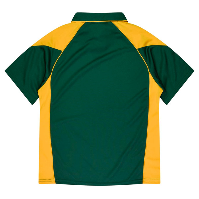 A polo shirt featuring a green and yellow design, with a classic collar and short sleeves. It has a logo on it.