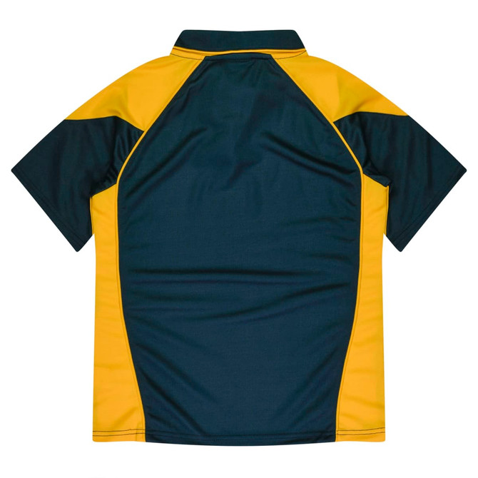 A polo shirt featuring a dark green body with yellow accents on the shoulders and side panels.