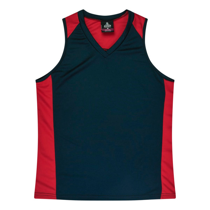 A dark blue singlet with red sides and a V-neck design, featuring a logo on the inside collar.