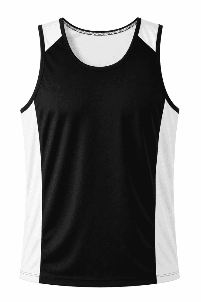 A black singlet with white side panels, featuring a logo on the front. Suitable for sports and casual wear.