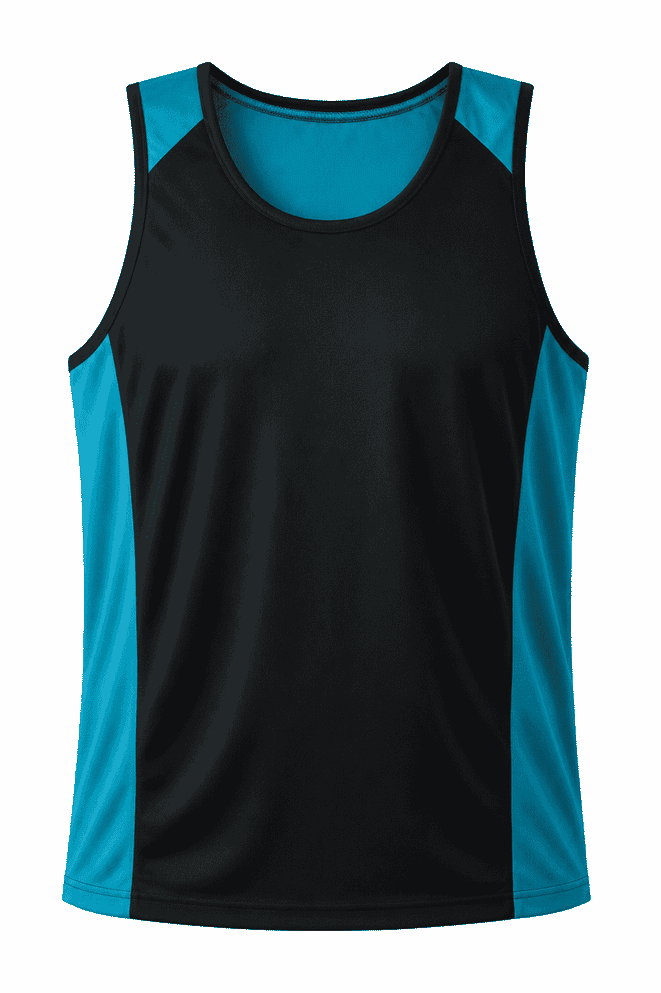 A black and teal men's singlet featuring a branded logo. Suitable for active wear.