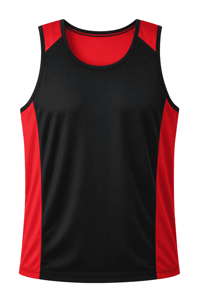 A black singlet with red accents, featuring a logo on the front. Designed for men.