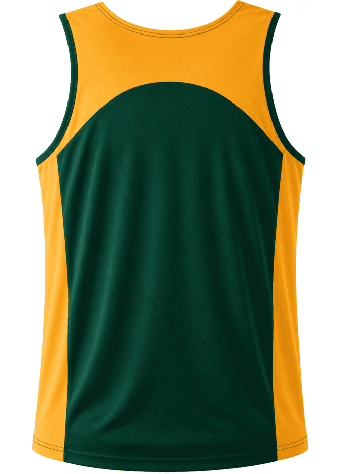 A men's singlet featuring a yellow front and dark green back, designed for athletic wear. Includes a logo.