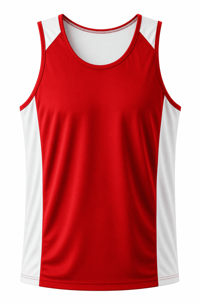 A red singlet with white side panels and a logo, made from a lightweight fabric.